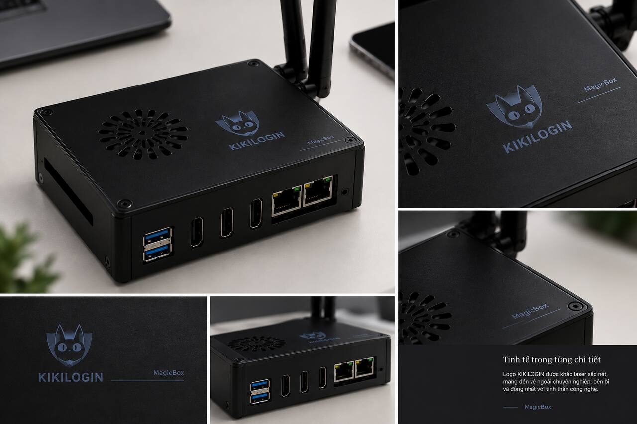 Logo KikiLogin khắc laser trên vỏ MagicBox
